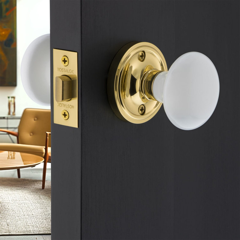 Classic Rosette with White Porcelain Door Knob, Unlacquered Brass, 2.375"