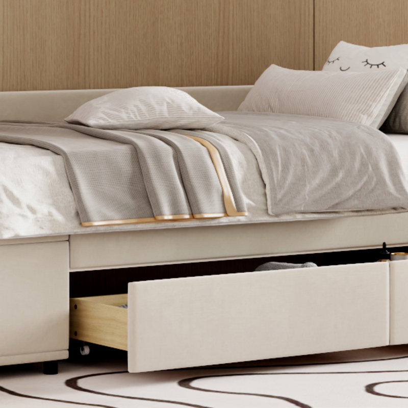Lit plateforme simple tapissier en forme de L avec rangement et tiroirs, cadre de lit, Beige