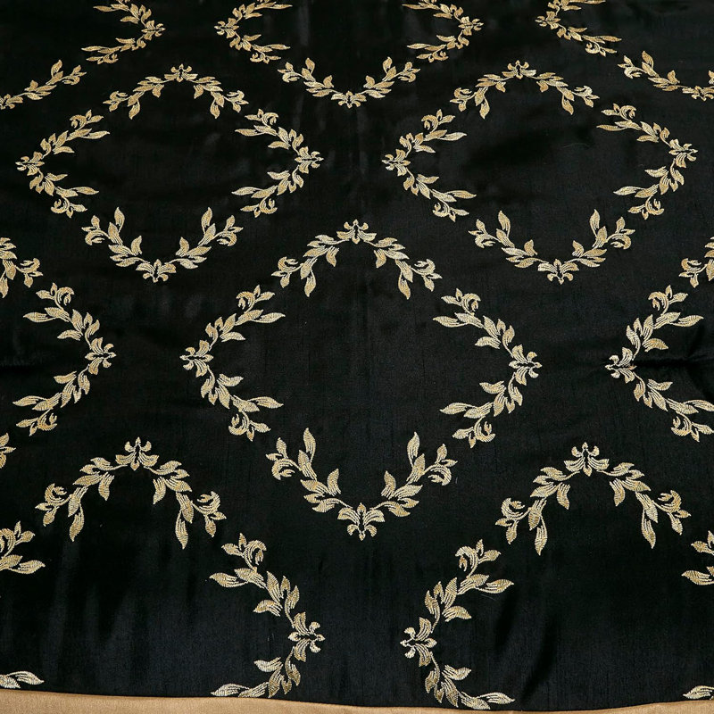 Queen Black and Gold Faux Silk Embroidered Comforter Set