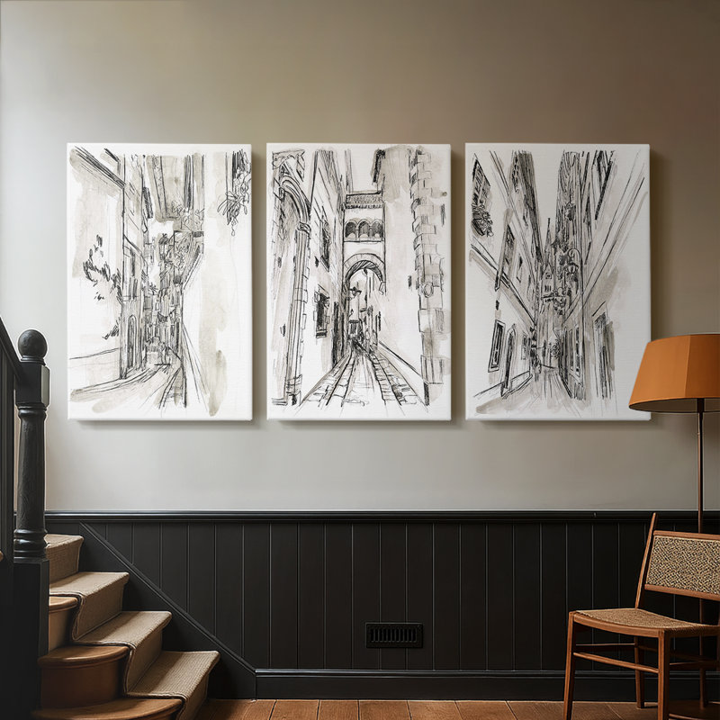 Europe Street Sketches I - Toile tendue avec châssis sur mesure - 3 pièces, H 36 po x l 72 po