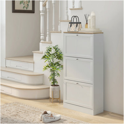 HOMCOM Narrow Shoe Storage Cabinet For Entryway With 3 Flip Drawers And Adjustable Shelves, Shoe Rack Organizer For 18 Pairs Of Shoes, White