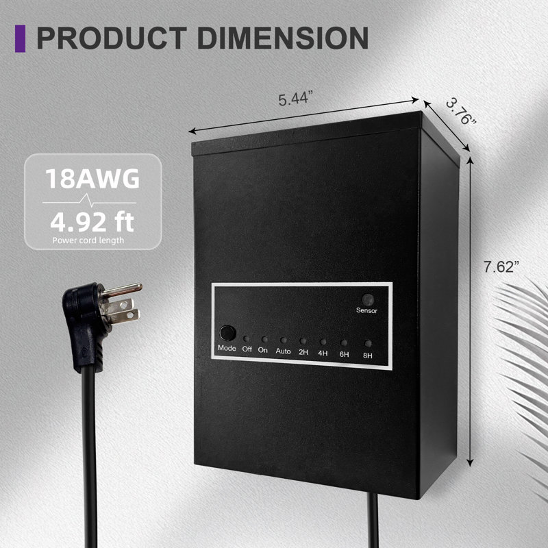 Transformateur d'éclairage de paysage basse tension 100 watts en métal noir avec capteur photoélectrique et temps