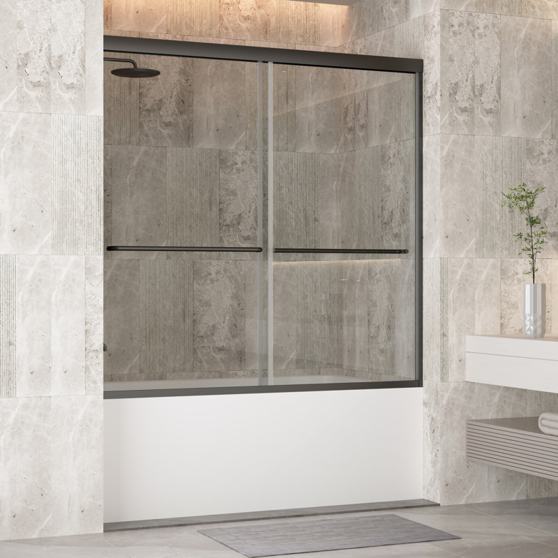 60"W Framed Tub Door with Tempered Glass, Black