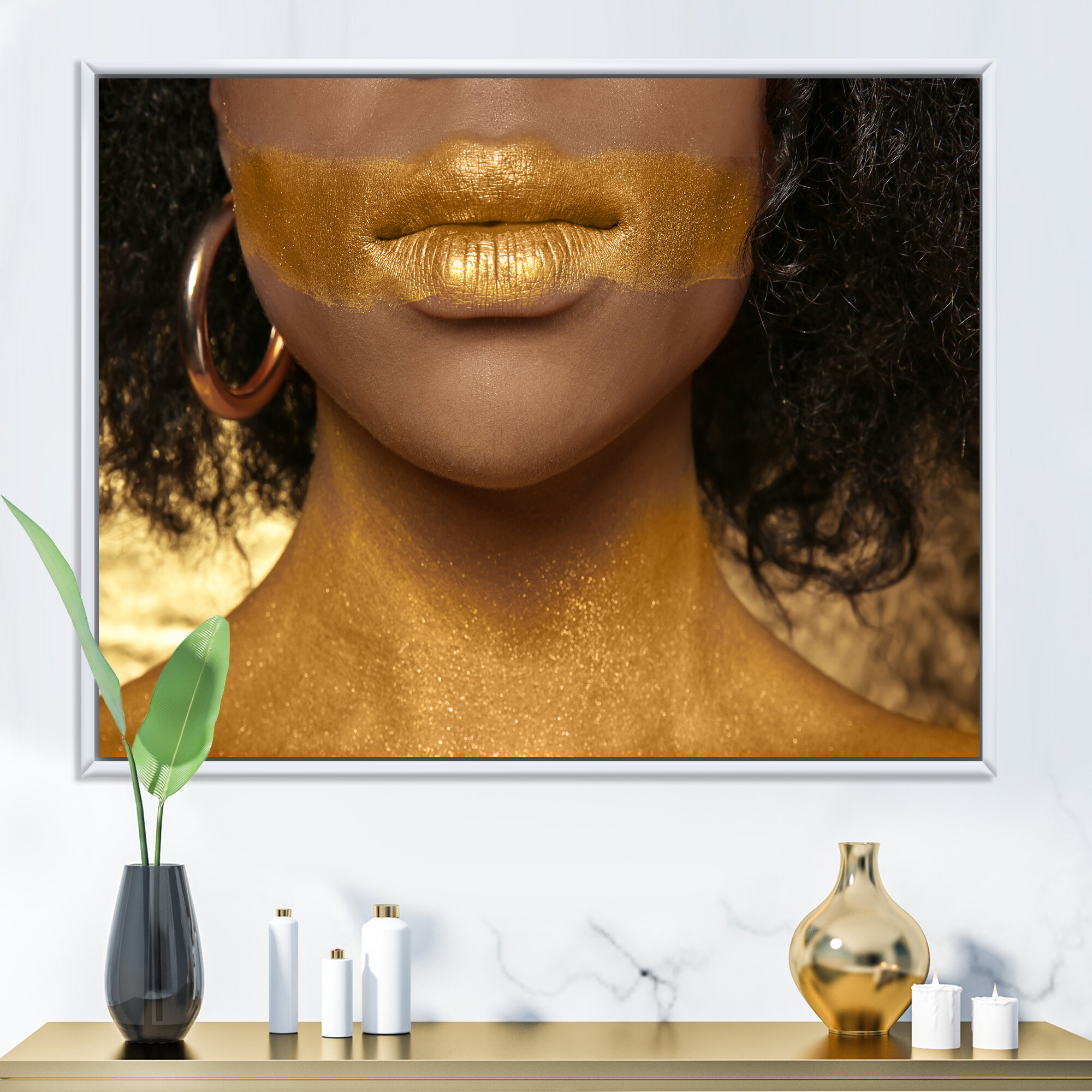 African-American Woman with Golden Paint on Body - Photograph on Canvas East Urban Home Format: Wrapped Canvas, Size: 24 H x 32 W x 1 D