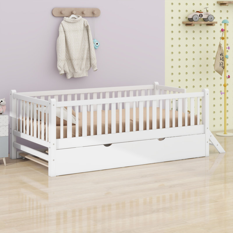 Sturdy Platform Bed With Guardrail And Convenient Trundle, White