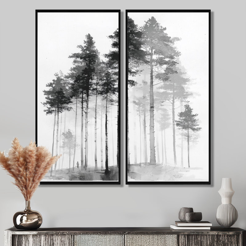 «Black and White Tall Pine Tree Forest», art sur toile de pin, art mural nature noir 2 pièces, H 40 po x l 40 po, Noir