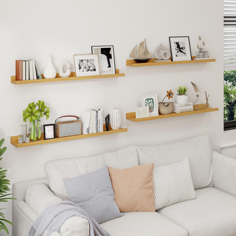 4 Piece Floating Picture Ledge Shelves, Oak, 2" H x 36" W
