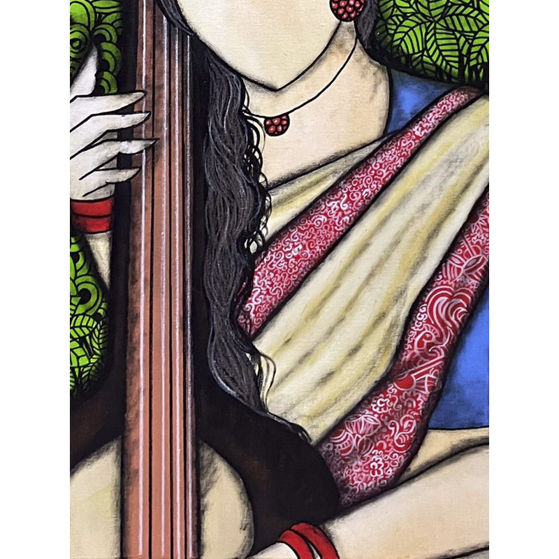 Surmadhur - Dame avec Veena | Acrylique et cire sur toile | Par Mrinal Dutt