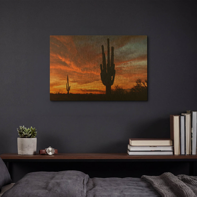 «Mesa Saguaro Sunset 5078» par Mike Jones, art mural en métal doré, 16 po x 12 po, 16 po x 12 po