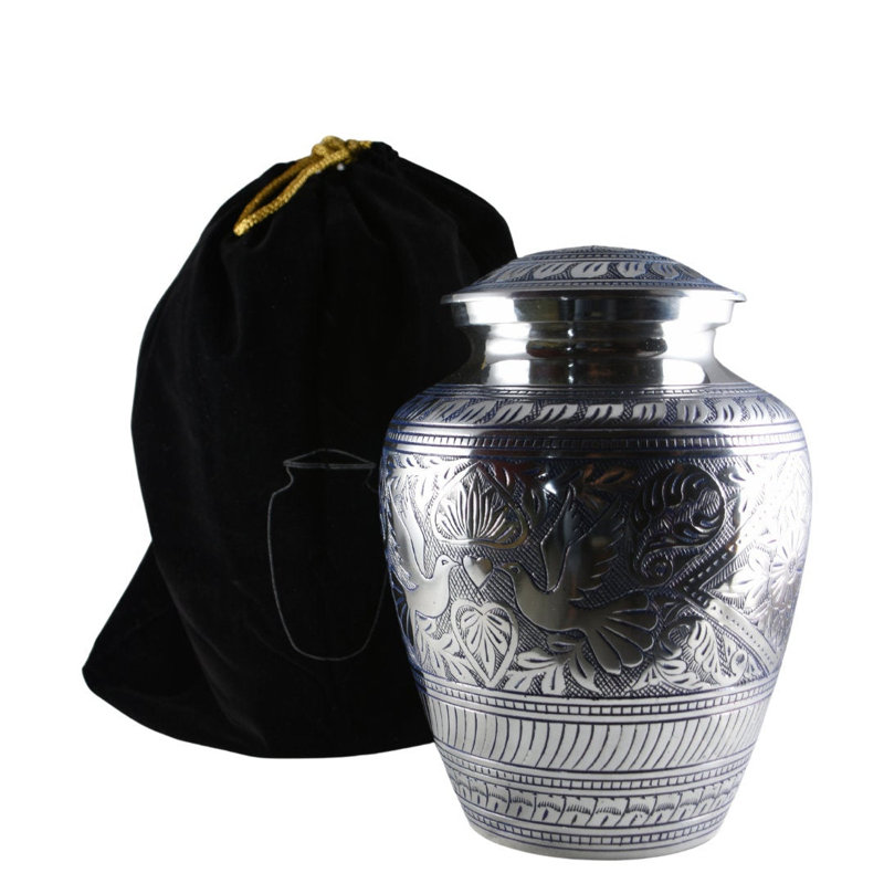Rolly Handmade Solid  Hand-Etched Doves Urn, Silver