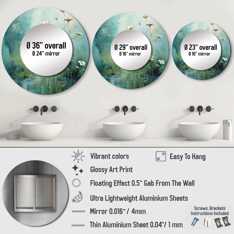 Miroir mural Misty Meadow IV - Paysages décoratifs, grand miroir rond moderne, impression d'art en métal, 29 po x 29 po