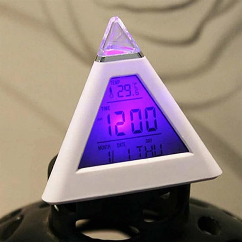 Triangle Color Changing Alarm Clock with LED Display - Digital Pyramid Shape, 7 Colors Changing, Music Alarm, Snooze Mode, Interval Setting