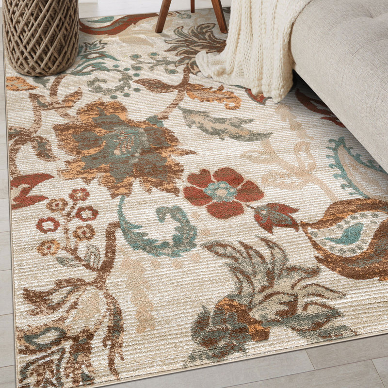 Beige Multi Botanical Scroll Area Rug, Rectangle 4' x 6'
