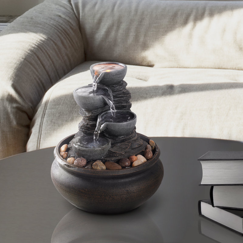 Stone Gray 4-Tier Tabletop Fountain with LED Lights