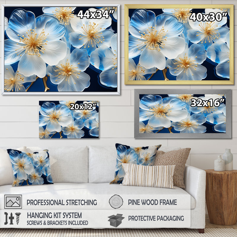 Tranquil blanc et bleu coquelicots - coquelicots, art mural, Cadre de coin blanc fermé, H 30 po x l 40 po x P 1,5 po