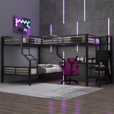 Lit superposé simple en L et lit mezzanine, armoire intégrée et bureau avec port USB
