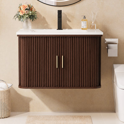 30'' Wall-Mounted Bathroom Vanity with Sink Top, Sliding Tambour Door Cabinet with Storage