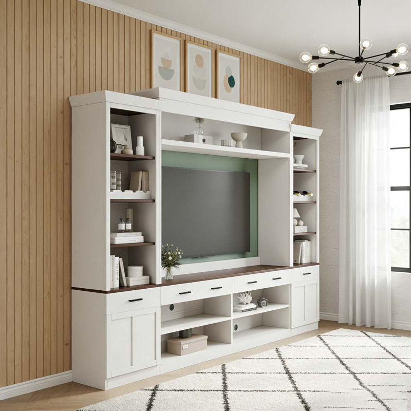 Farmhouse Entertainment Wall Unit Set With Bookshelf For Tvs Up To 70", White/Dark Walnut