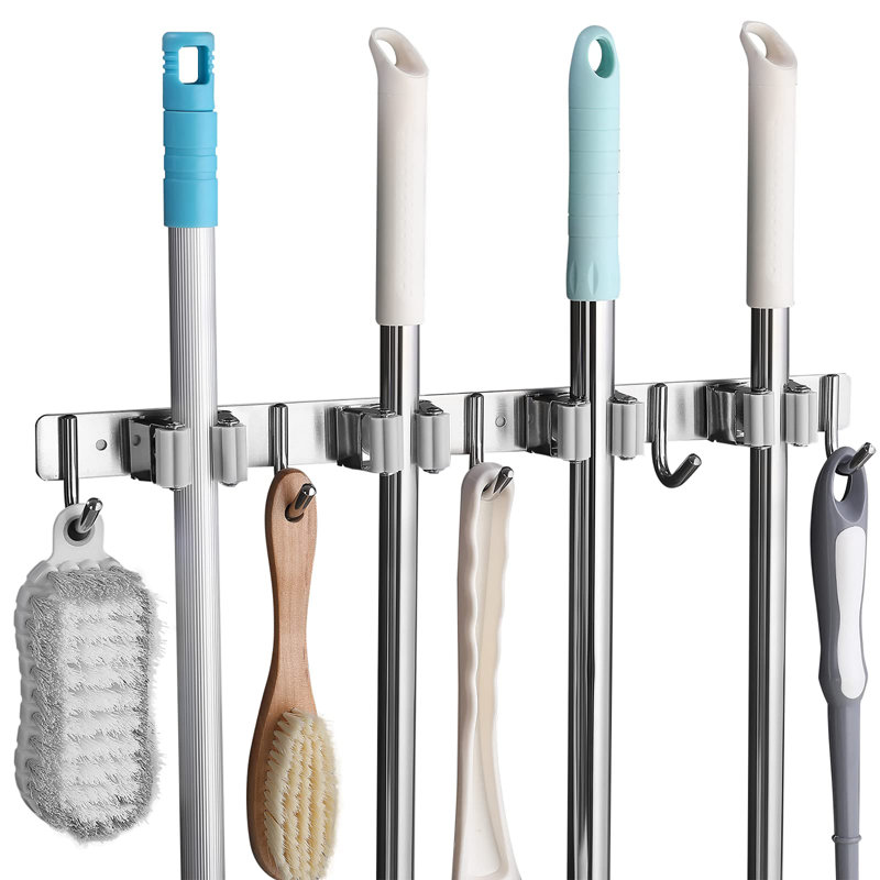 Stainless Steel Broom Storage with 4 Racks and 5 Hooks, Grey