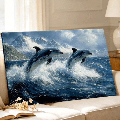 Wallume Store Dolphin Ocean Canvas Wall Art, Marine Animal Seascape Painting Home Decor