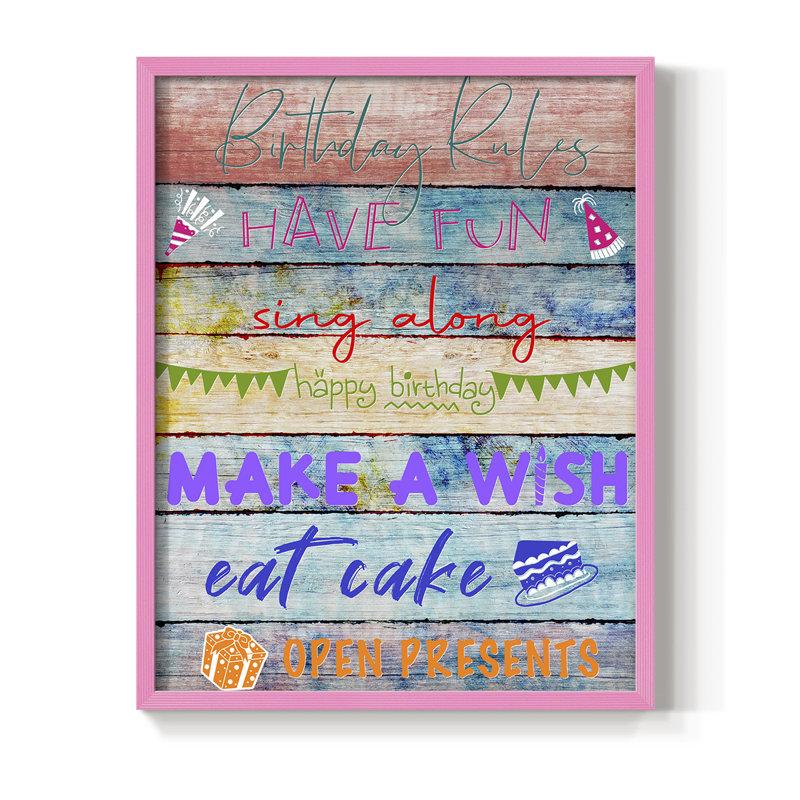 «Birthday Rules», reproduction encadrée - bois massif, Rose, H 10 po x l 8 po
