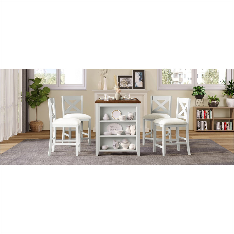 Ensemble de salle à manger 5 pièces à hauteur de comptoir avec structure en bois massif et finition blanche éclatante, comprenant une table et 4 chaises