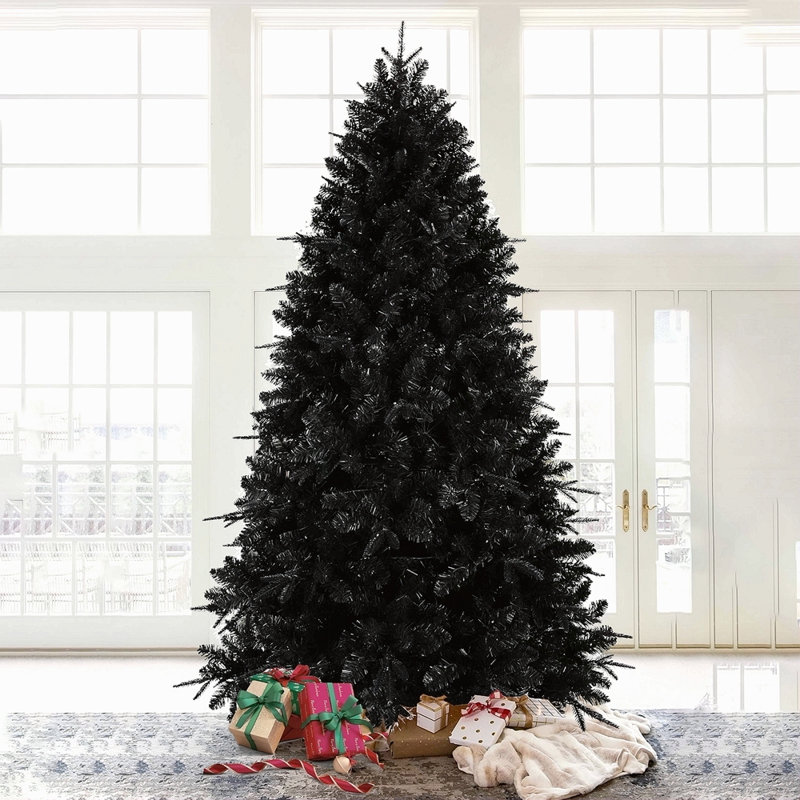 Arbre de Noël noir de 7 pi avec 450 lumières DEL blanches, arbre artificiel en PE + PVC à 1916 pointes pour décoration d'Halloween et des Fêtes, structure à charnières avec support en métal stable
