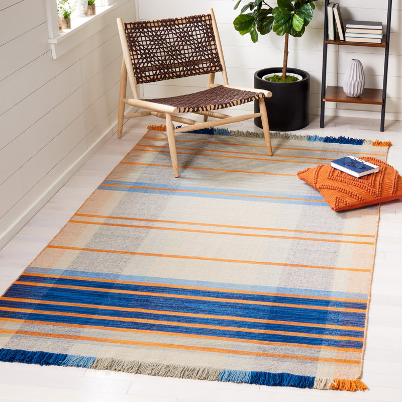 Anjail Flat Weave Wool/Cotton Plaid Rug in Orange/Blue, Rectangle 9' x 12'