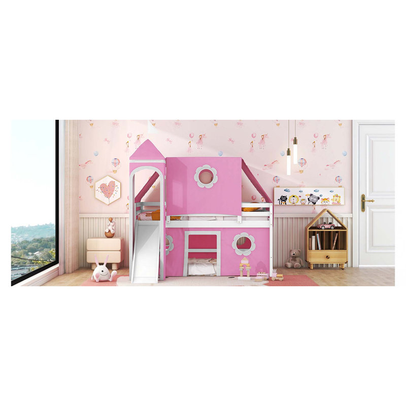 Lit mezzanine pleine grandeur avec tente et tour rose Slide - Rose