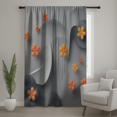 Gray Floral Abstract Window Curtains, Flowers Sheer & Blockout Curtains - 1 Panel