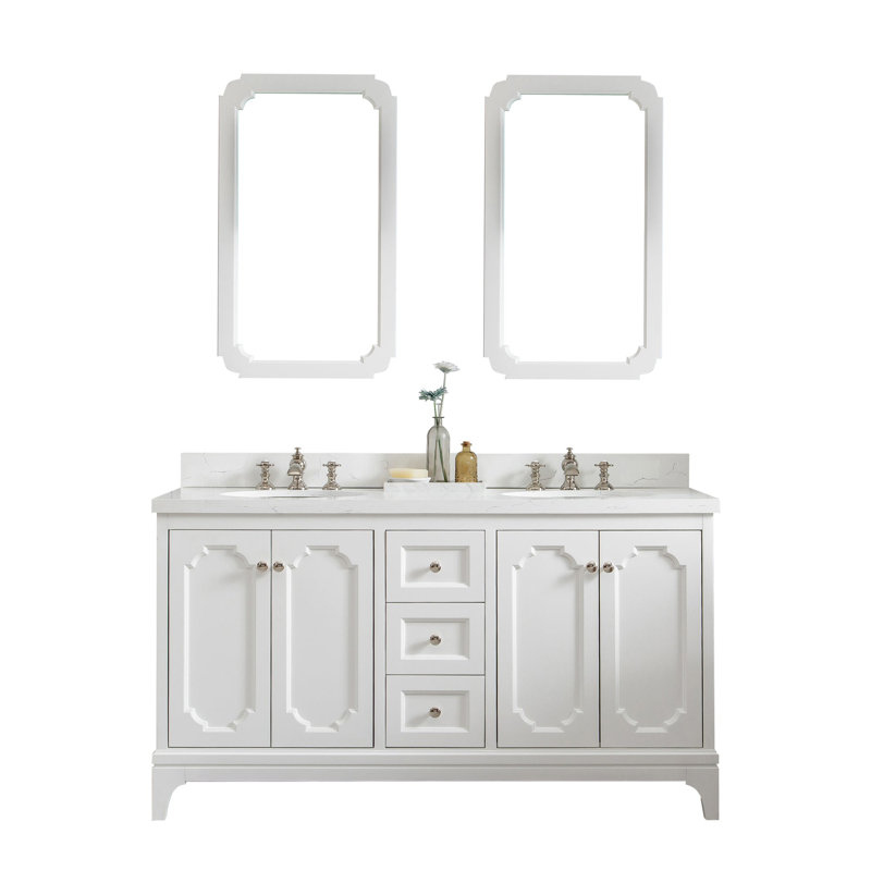 Queen 60" Double Bathroom Vanity Set with Mirror, Pure White, Waterfall