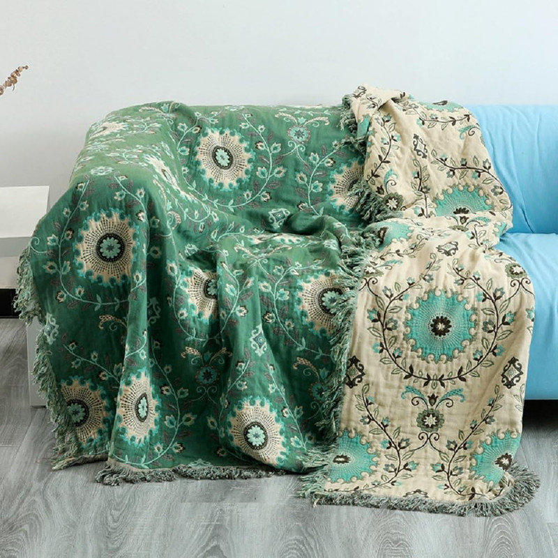 Housse de couette 100% coton DONEUS Boho, Vert / fleur jaune, Lit double