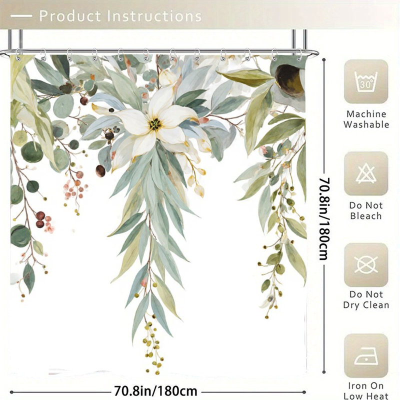 Rideau de bain aquarelle suspendu à motif de feuillage et de fleurs - 72 po x 72 po