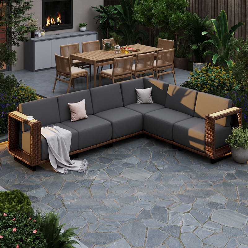 Ensemble de conversation d'extérieur en osier 6 pièces avec coussins 10 po Eila, Dark Grey Cushion/Brown Frame, 6, Sectional