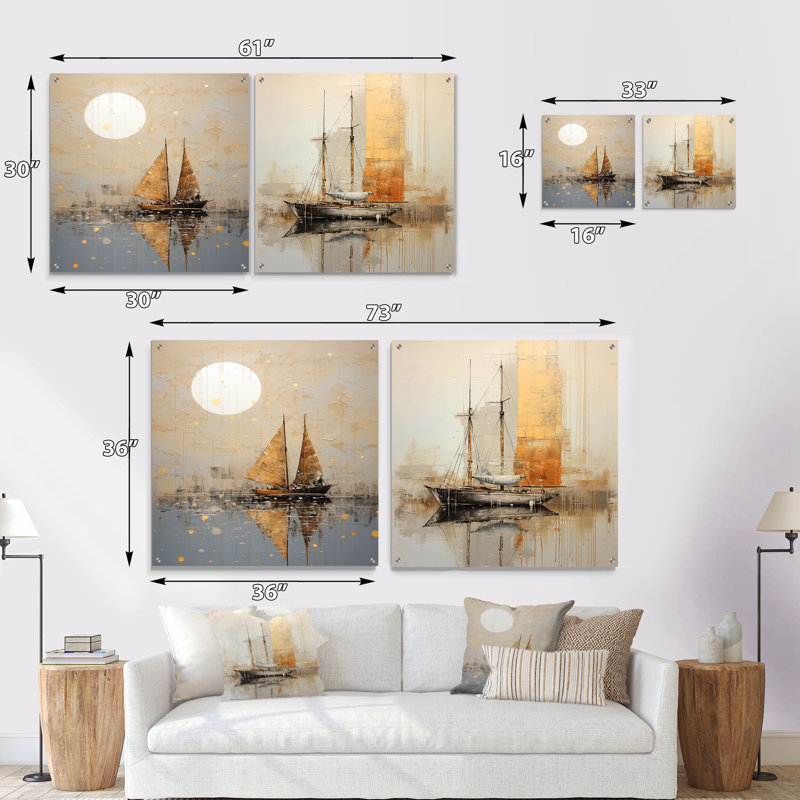 Minimalism Gold And Grey Boat Fishing - Boat Fishing Acrylic Wall Art Glass Set Of 2, 36" H x 73" W