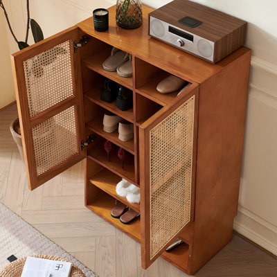 28.35" Brown Solid wood Ash Natural Rattan Shoe Storage