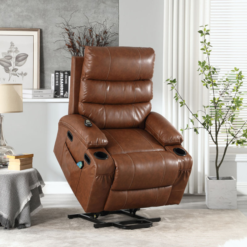 Fauteuil de massage inclinable électrique chauffant, Cuir polyuréthane brun