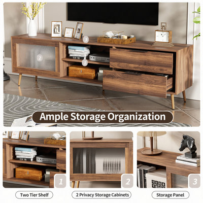 Meuble télé moderne pour téléviseur de 75 po et plus, console de télévision avec 2 portes en verre, centre de divertissement avec 2 tiroirs et armoire de rangement, console multimédia de 70 po pour le salon et la chambre à coucher