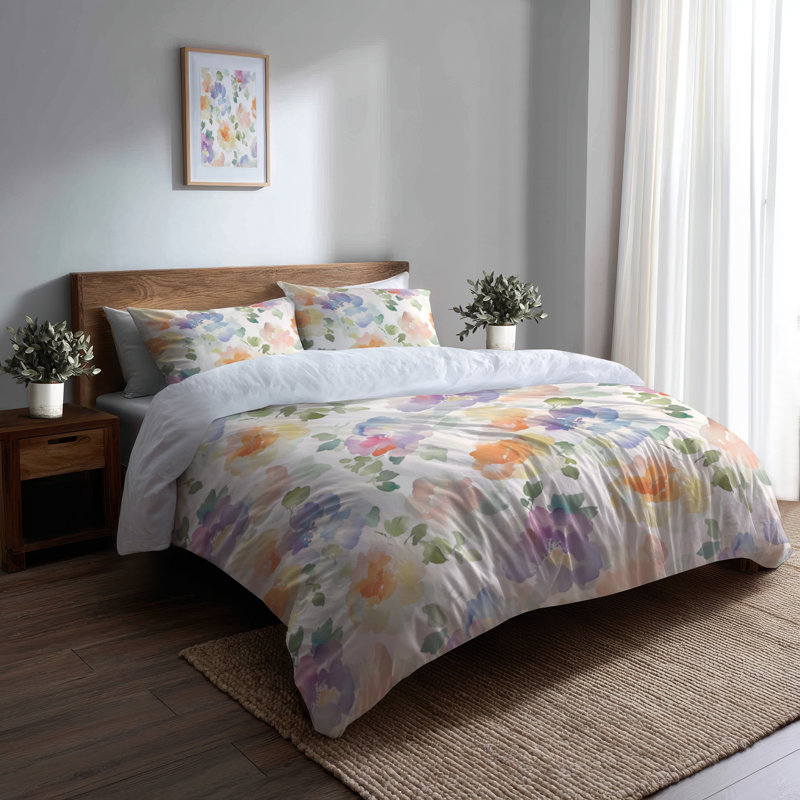 Ensemble de literie 3 pièces Floral - Ensemble de housse de couette et coussin décoratif Green Cloud Garden Flowers