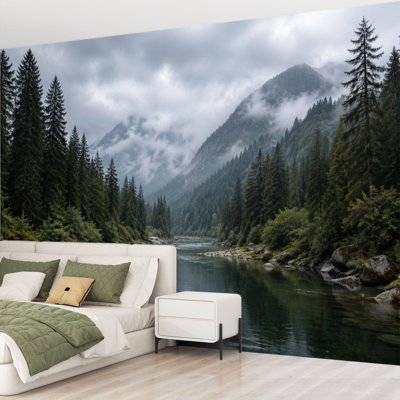 Papier peint adhésif autocollant Serene Mountain Lake Entouré de pin