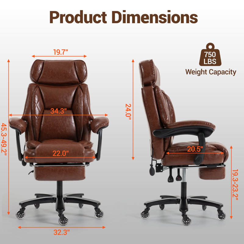 Big and Tall Office Chair for Heavy People, Heavy Duty Executive Office Desk Chair with Footrest, Waist Lumber Support, Adjustable Headrest, Brown