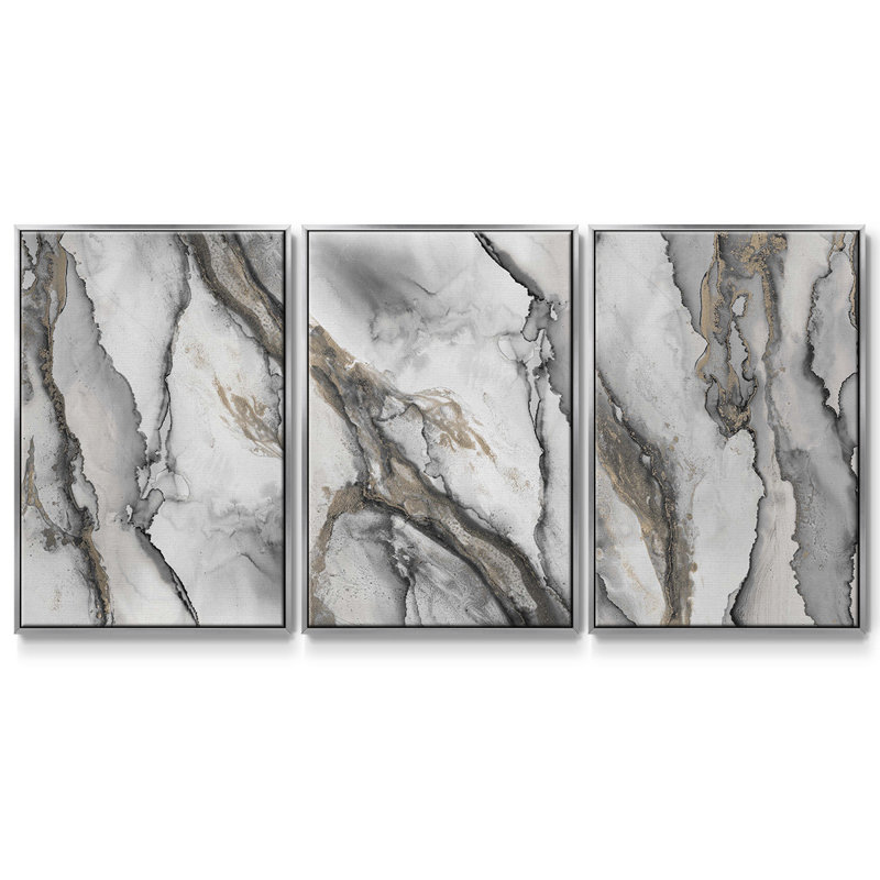 «Abstract Ink Fantasy I», ensemble de 3 toiles encadrées, H 36 po x l 72 po, Argent