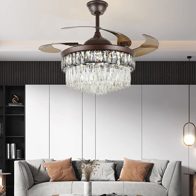 42"" Annelyn 4 - Blade Brown Retractable Crystal Blade Chandelier Ceiling Fan With Remote Control And Light Kit Included -  Rosdorf Park, F2A7BA9CC1B54D17BD212A1D7B13DFF8