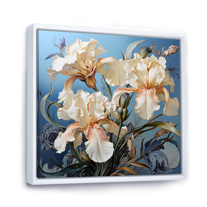 Iris baignant dans une aura argentée au clair de lune sur toile, Cadre flottant blanc, H 16 po x l 16 po x P 1 po