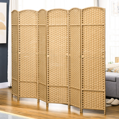 Cloison d'intimité pliante à 6 panneaux, écran de sangle de 5,6 pi de hauteur. Bois naturel, tissé à la main pour la séparation de chambre à coucher et de bureau à domicile, mur