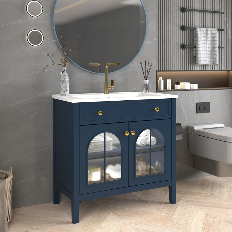 Lavabo de salle de bain de style milieu du siècle de 90,4 cm (35,6 po) avec verre à motifs et bande lumineuse à détecteur de mouvement