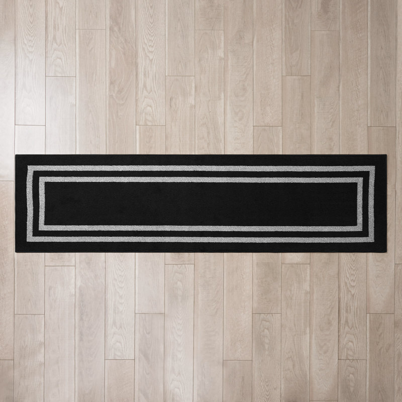 Double Border Machine Tufted Performance Black/Twisted Grey  Rug, Rectangle 2'2" x 8'