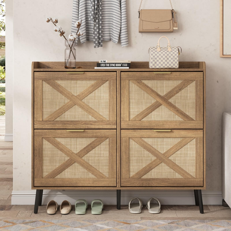Large Shoe Cabinet With 4 Flip Drawers For Entryway, Rustic Oak Rattan