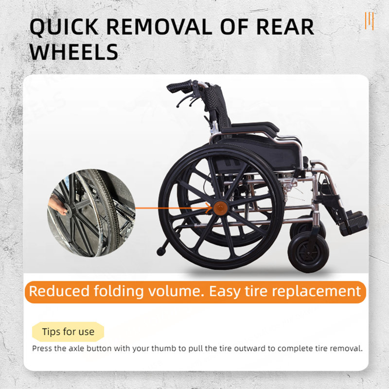 Fauteuil roulant en alliage d'aluminium. Sièges de 20 po. Avec freins à main verrouillables à l'avant et à l'arrière. Roue arrière à retrait rapide de 24 po. Argent brillant