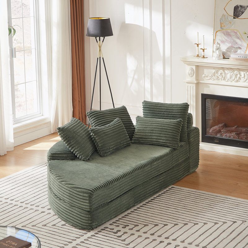 Canapé-lit 78,5 pouces en velours côtelé semi-circulaire 2 en 1, avec coussin pour le cou et cinq coussins décoratifs dans le salon